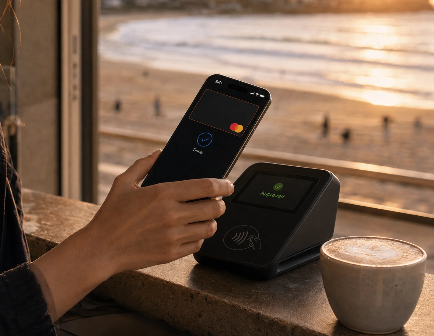 Person paying contactlessly with their phone at a beachside cafe at sunrise